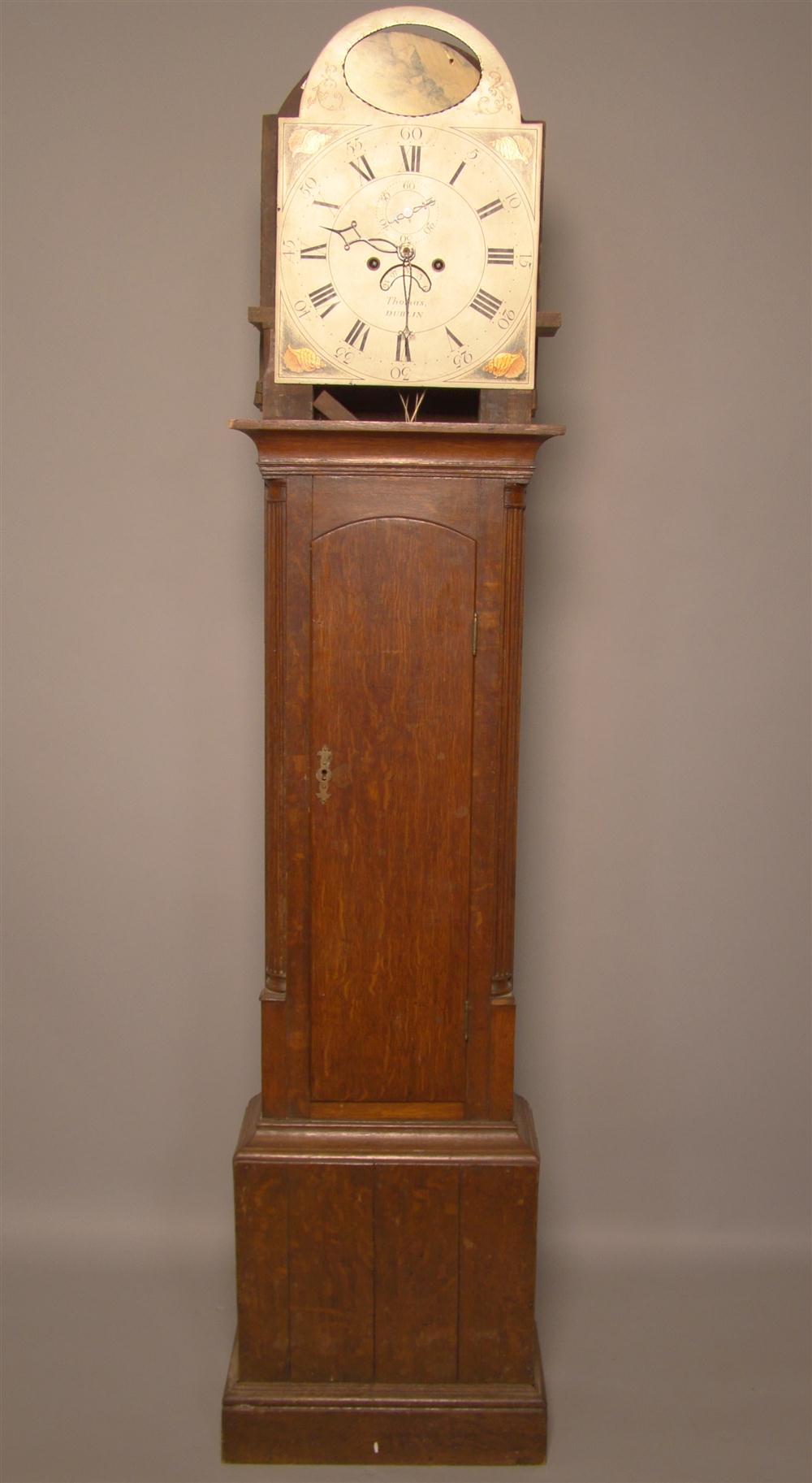 IRISH OAK TALL CASE CLOCK Signed