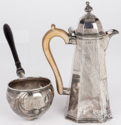 IRISH SILVER TEAPOT, LADLE<br>