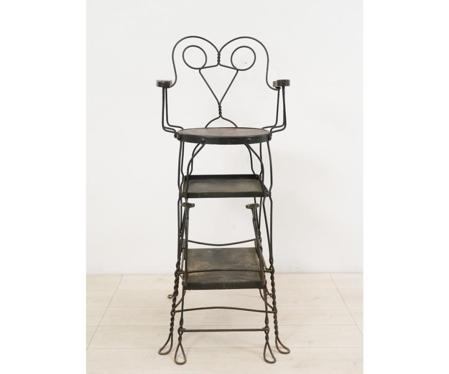 Iron and oak barber chair, circa