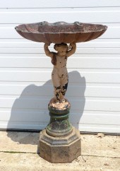 Iron birdbath w/ putti, shell