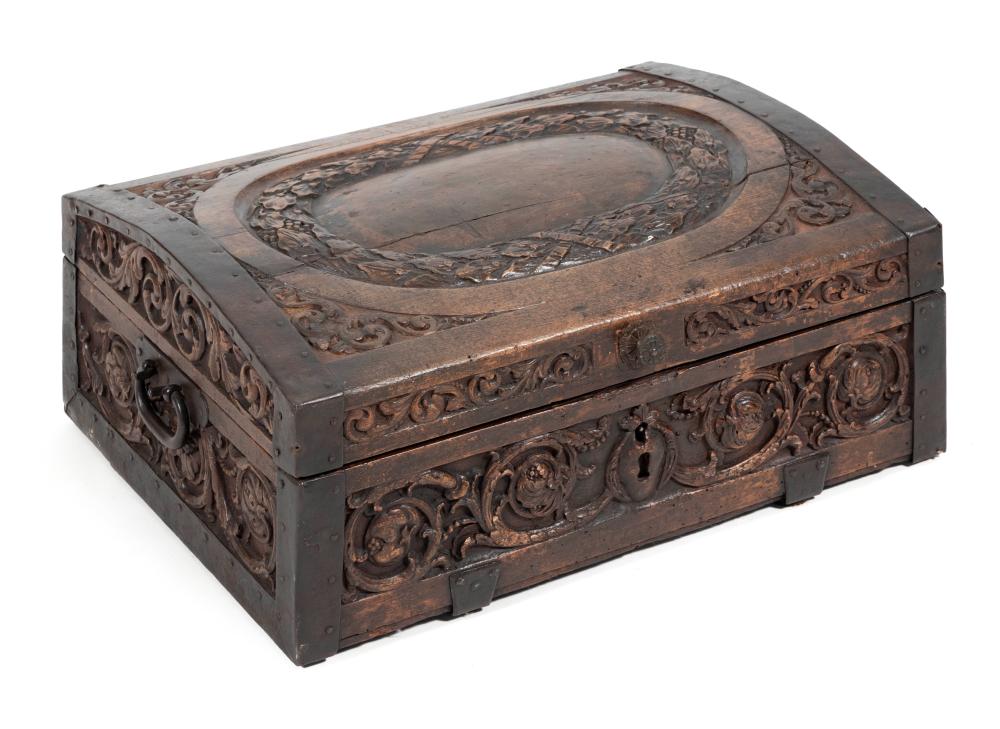 IRON-BOUND CARVED OAK STRONG BOX