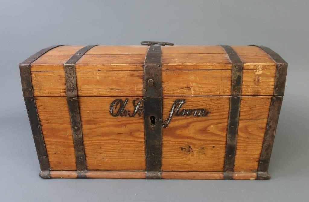 Iron-bound pine dome-lid box,