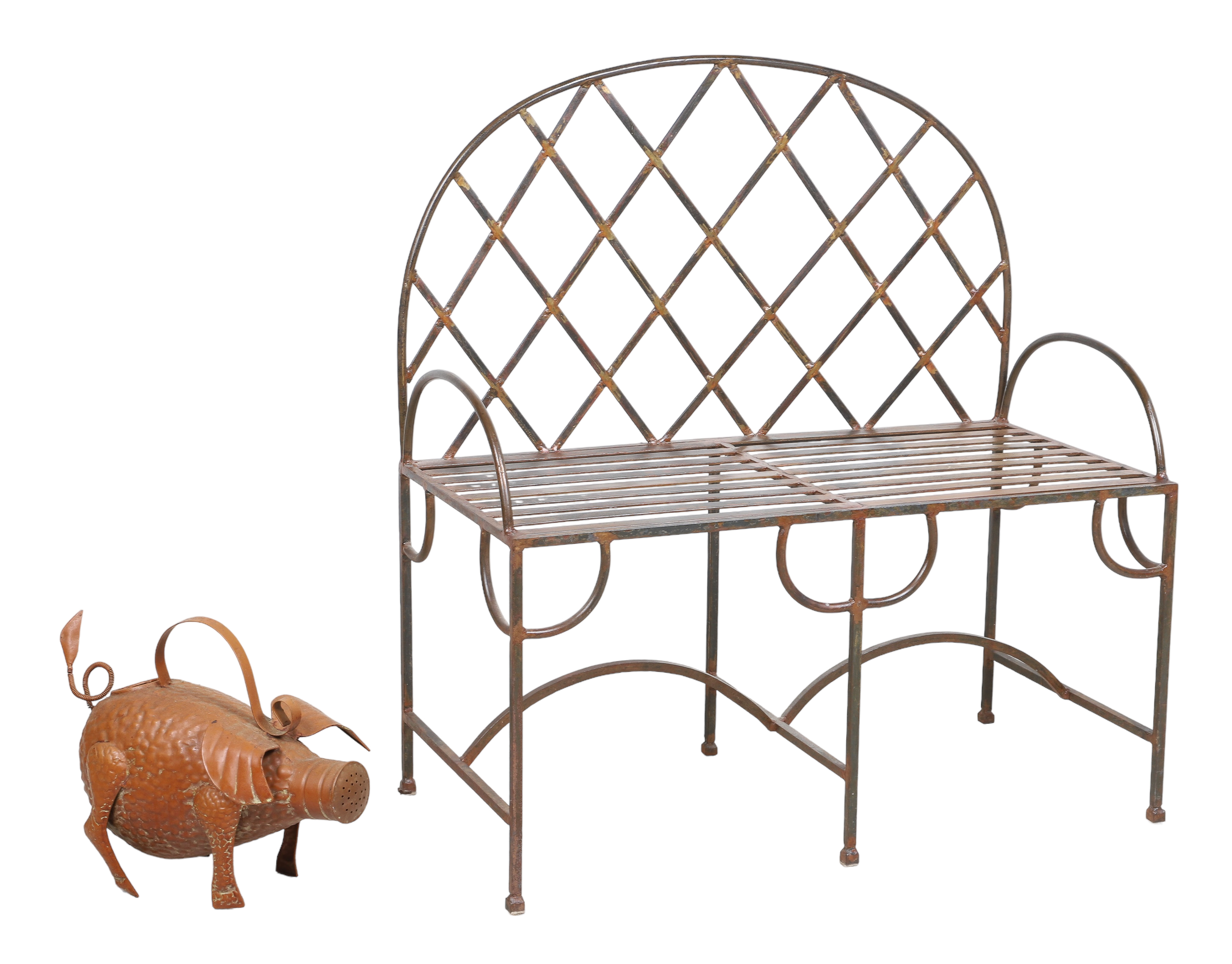Iron garden bench, lattice back and