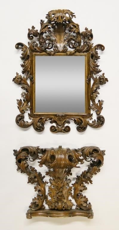 ITALIAN BAROQUE WALNUT MIRROR AND