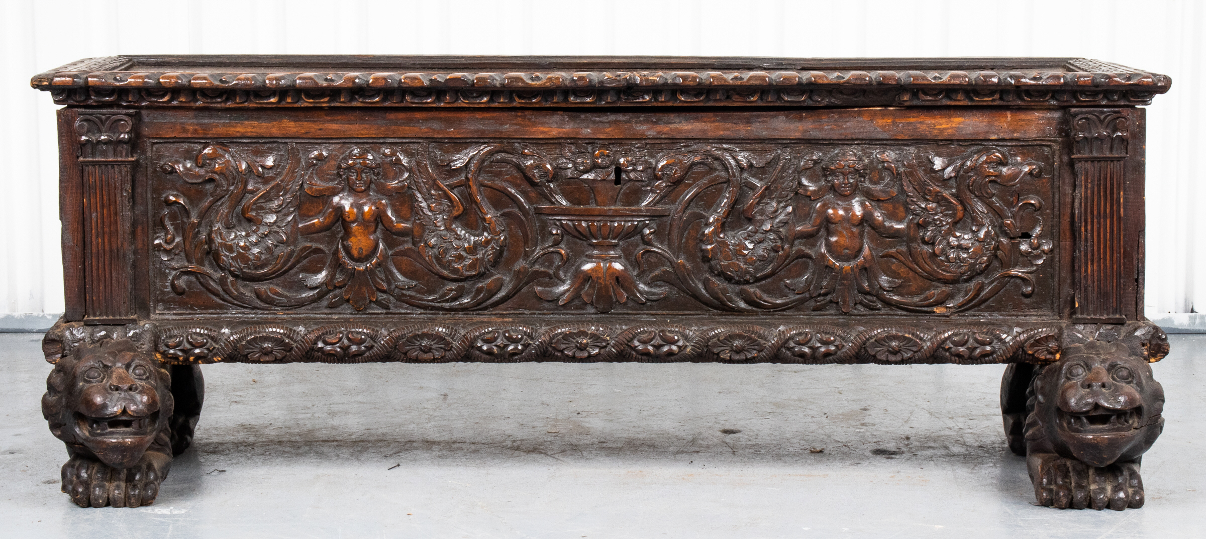 ITALIAN CARVED OAK CASSONE, ANTIQUE