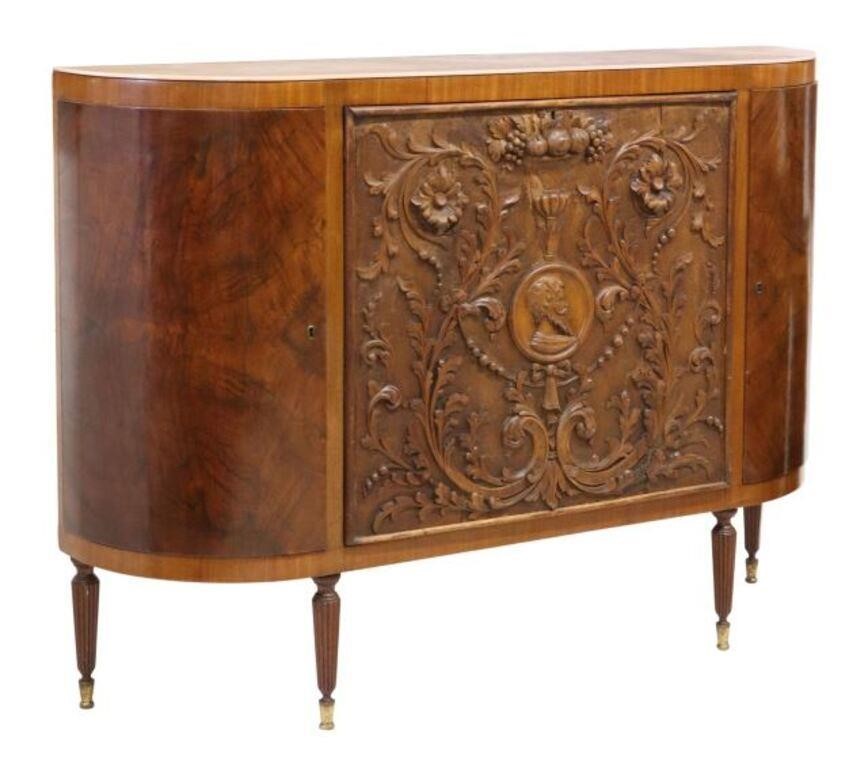 ITALIAN CARVED WALNUT GLASS TOP BAR
