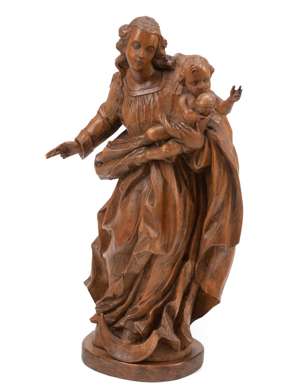 ITALIAN CARVED WOOD MADONNA AND