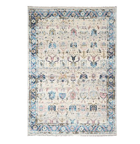 IVORY AND BLUE HAND KNOTTED WOOL