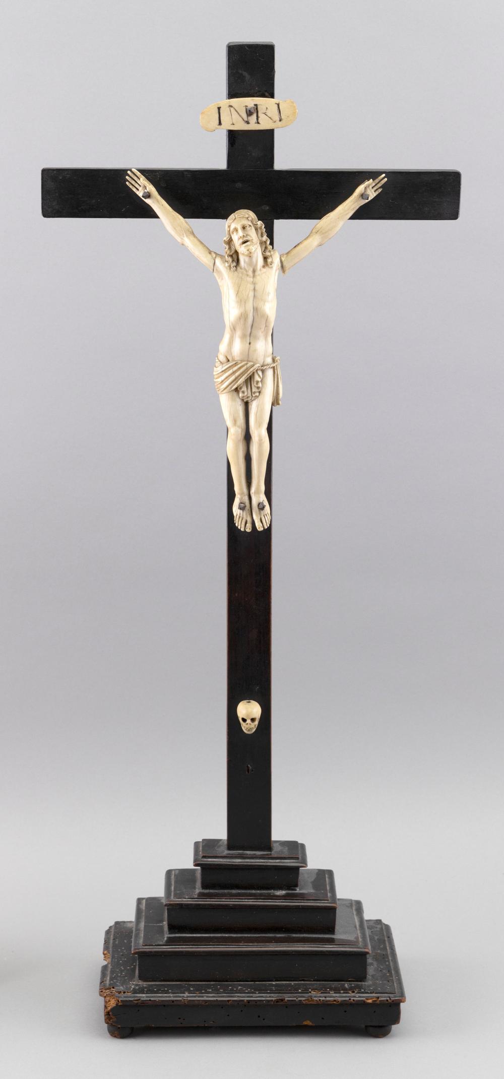 IVORY CRUCIFIX ON WALNUT STAND