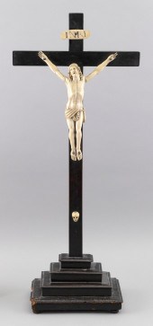 IVORY CRUCIFIX ON WALNUT STAND