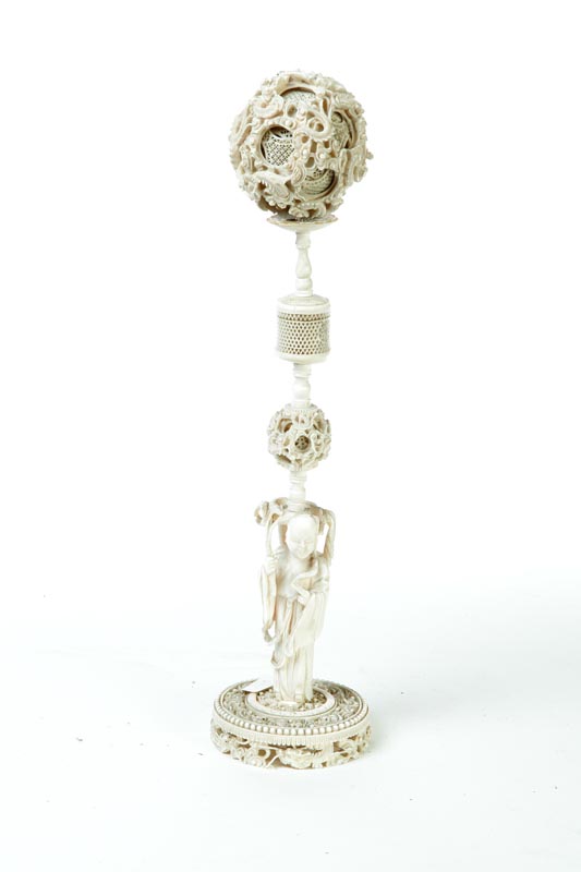 IVORY PUZZLE BALL ON STAND.  China