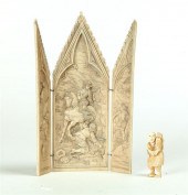 IVORY TRIPTYCH AND NETSUKE.  E