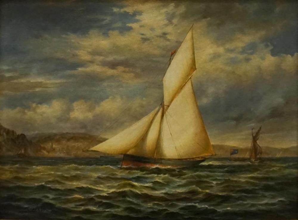 J. CLARK, SAILBOAT OFF SHORE, OIL