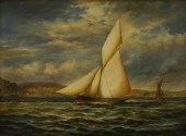 J. CLARK, SAILBOAT OFF SHORE,