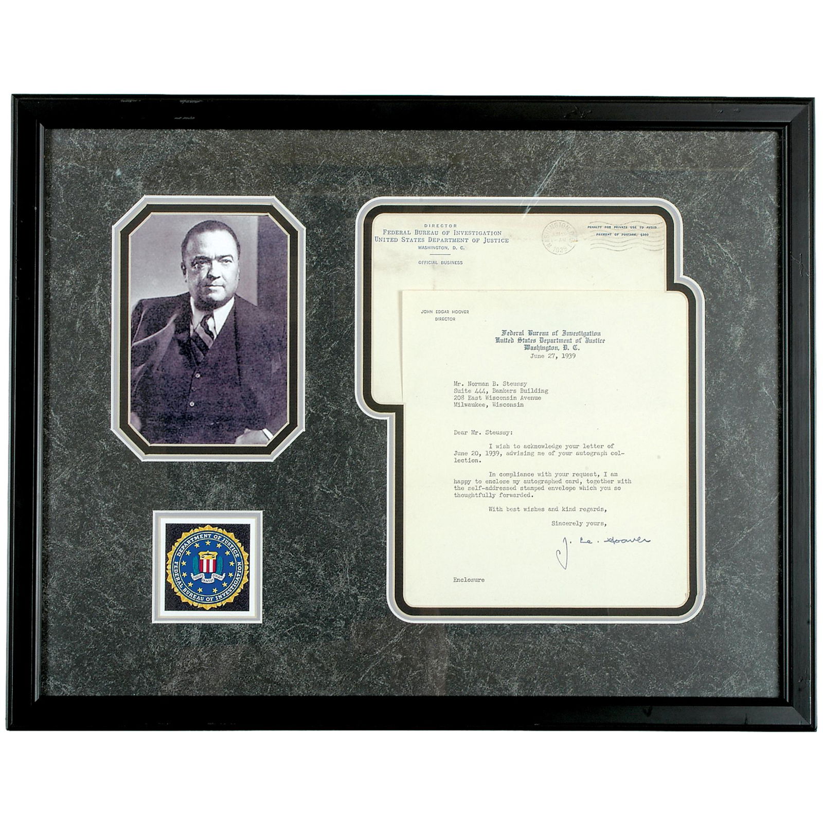 J. EDGAR HOOVER, TYPED LETTER