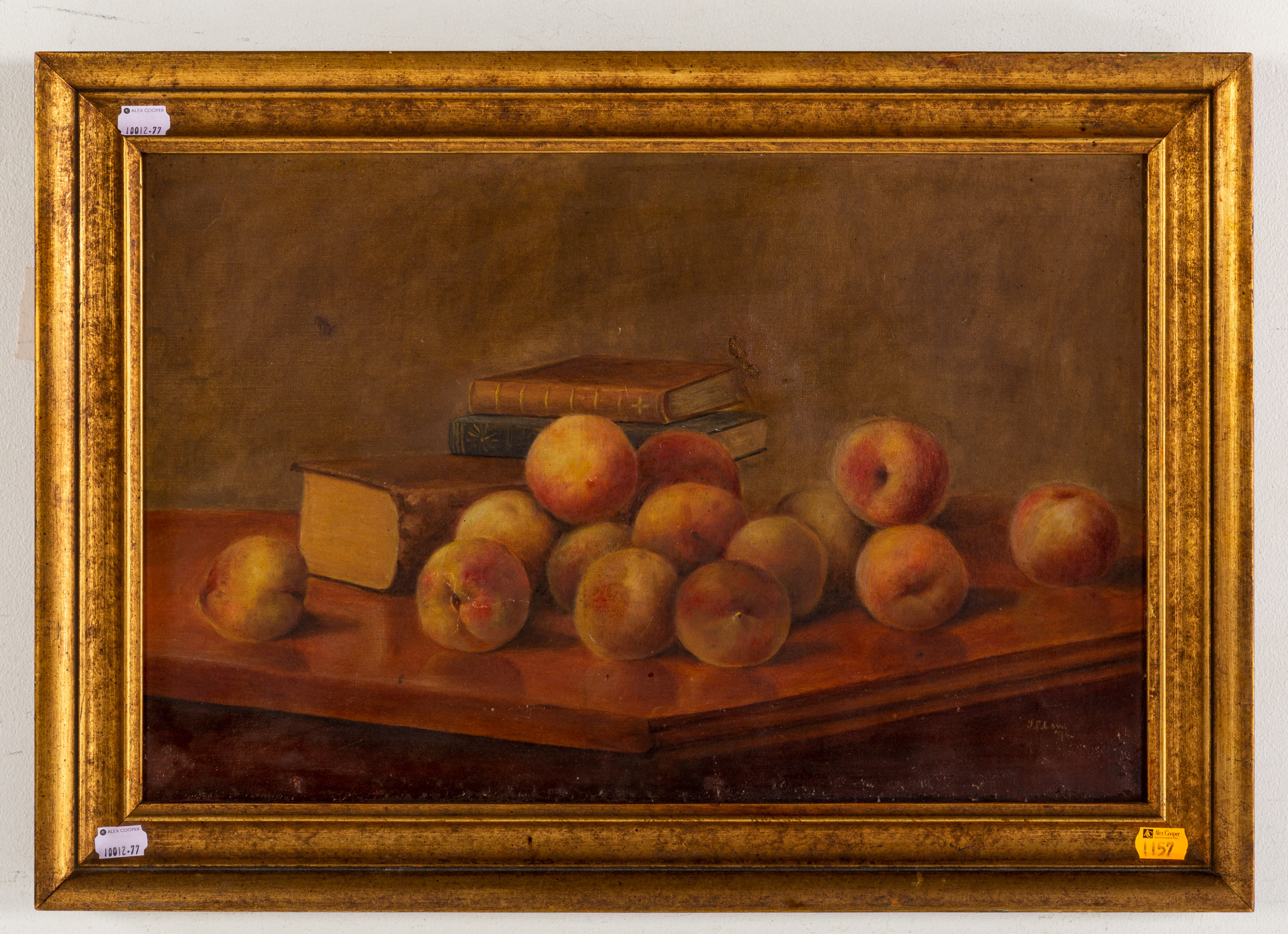 J. F. LOVA. PEACH STILL LIFE, OIL