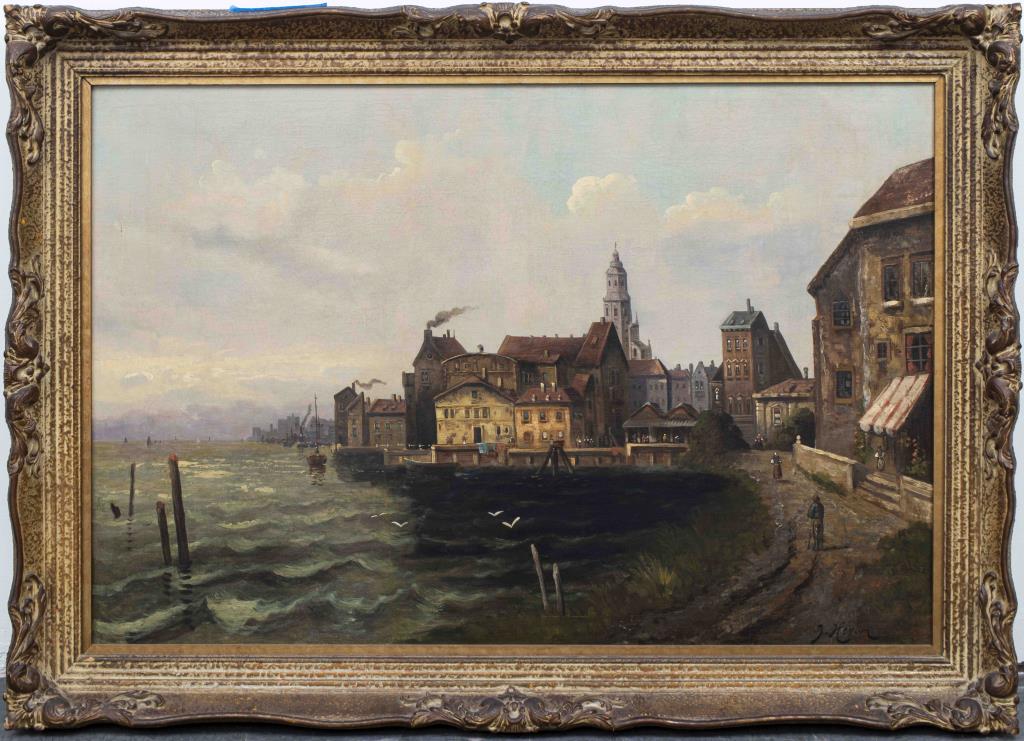 J. HERON VILLAGE SCENE OIL ON