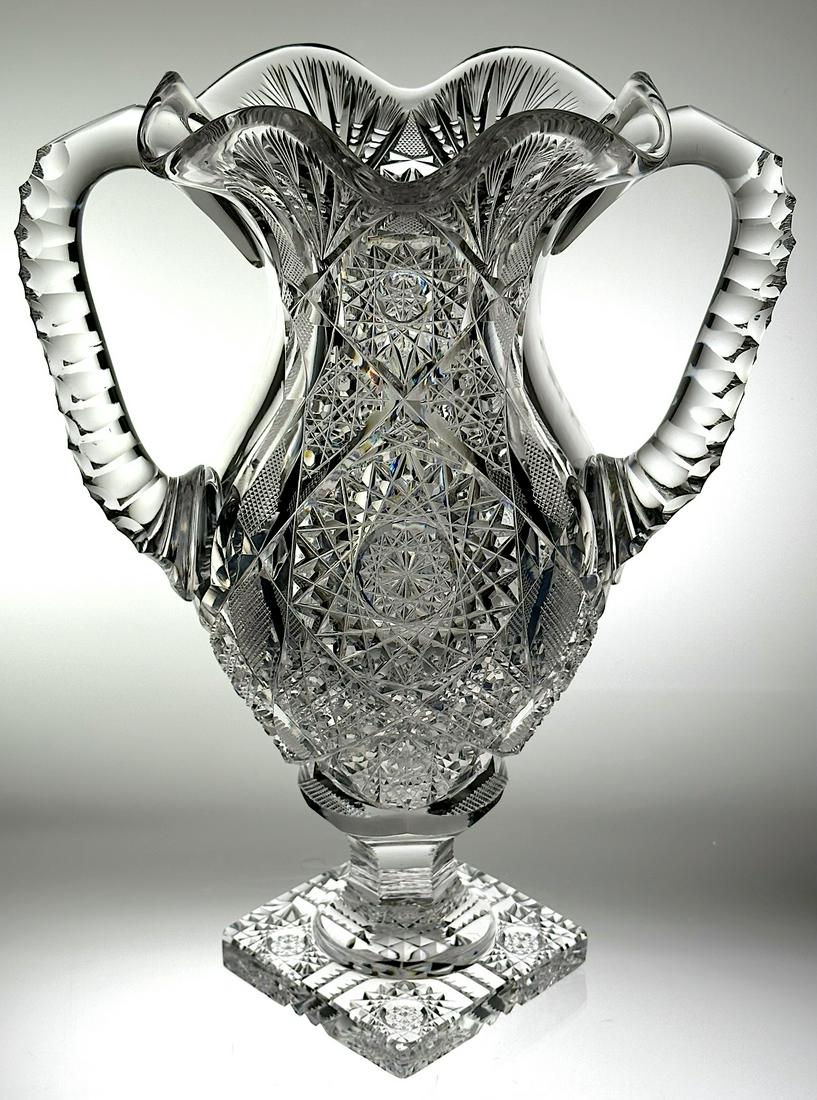 J. HOARE CUT GLASS 2 HANDLED VASE