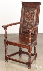 JACOBEAN CARVED OAK ARMCHAIR,