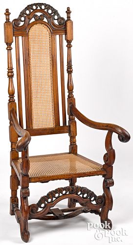 JACOBEAN CARVED WALNUT ARMCHAIR,