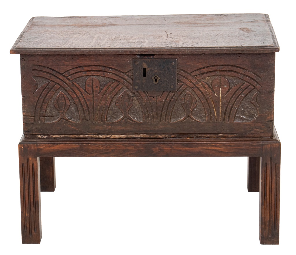 JACOBEAN STYLE OAK CASKET ON STAND,