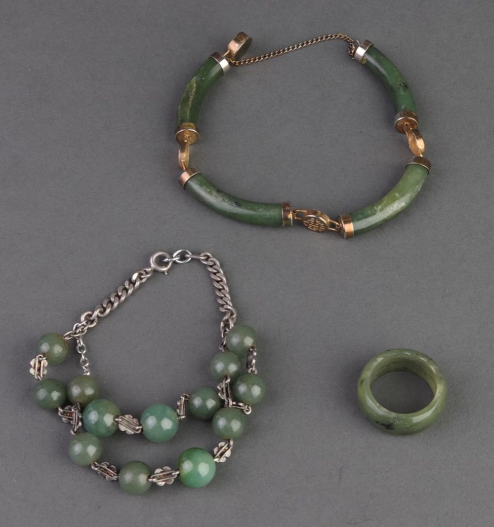 JADE BEADED BRACELETS & RING, 3