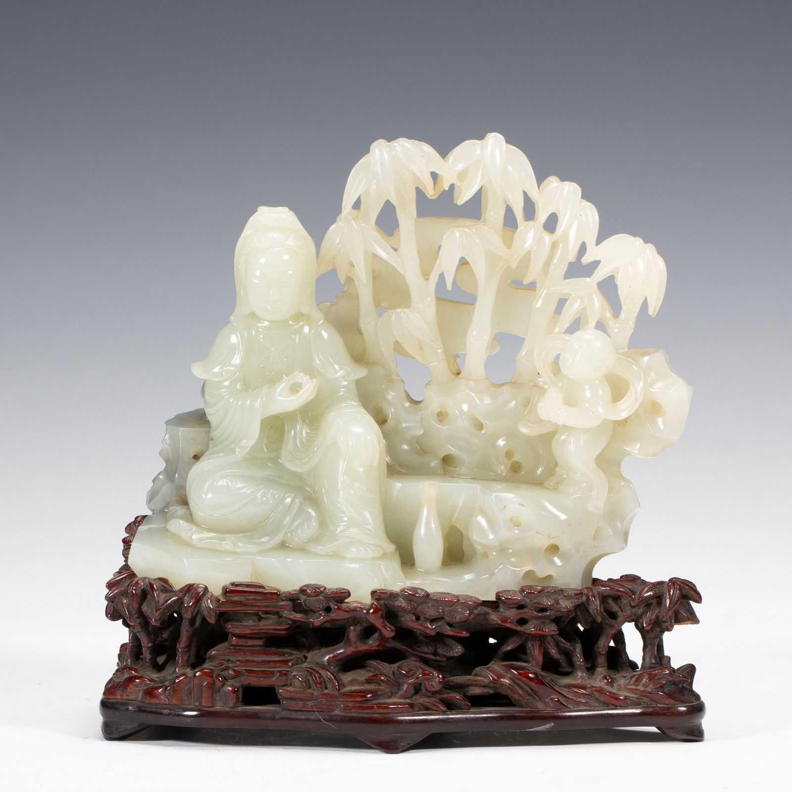JADE - CARVED GUANYIN WITH BAMBOO