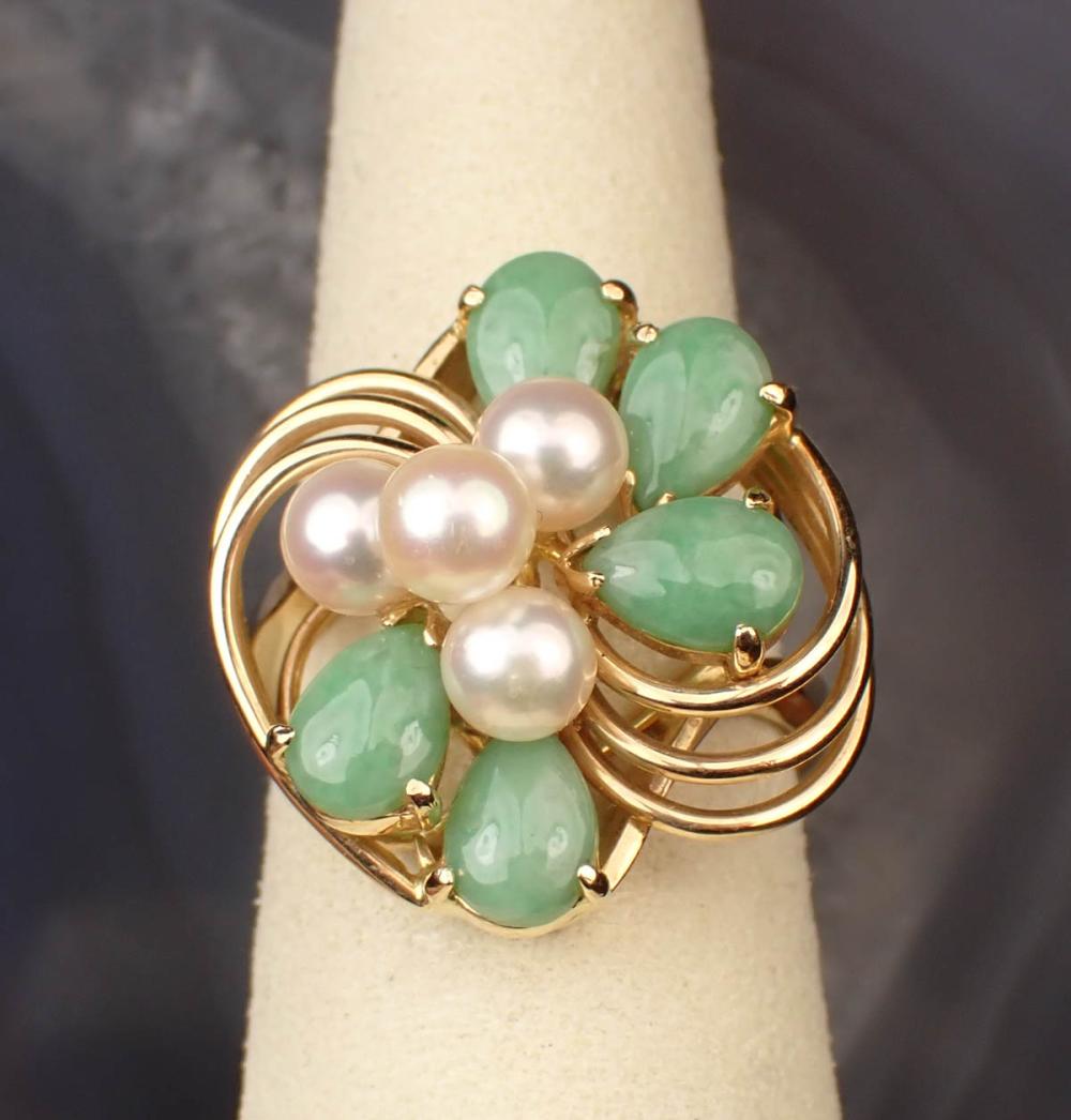 JADE, PEARL AND FOURTEEN KARAT GOLD