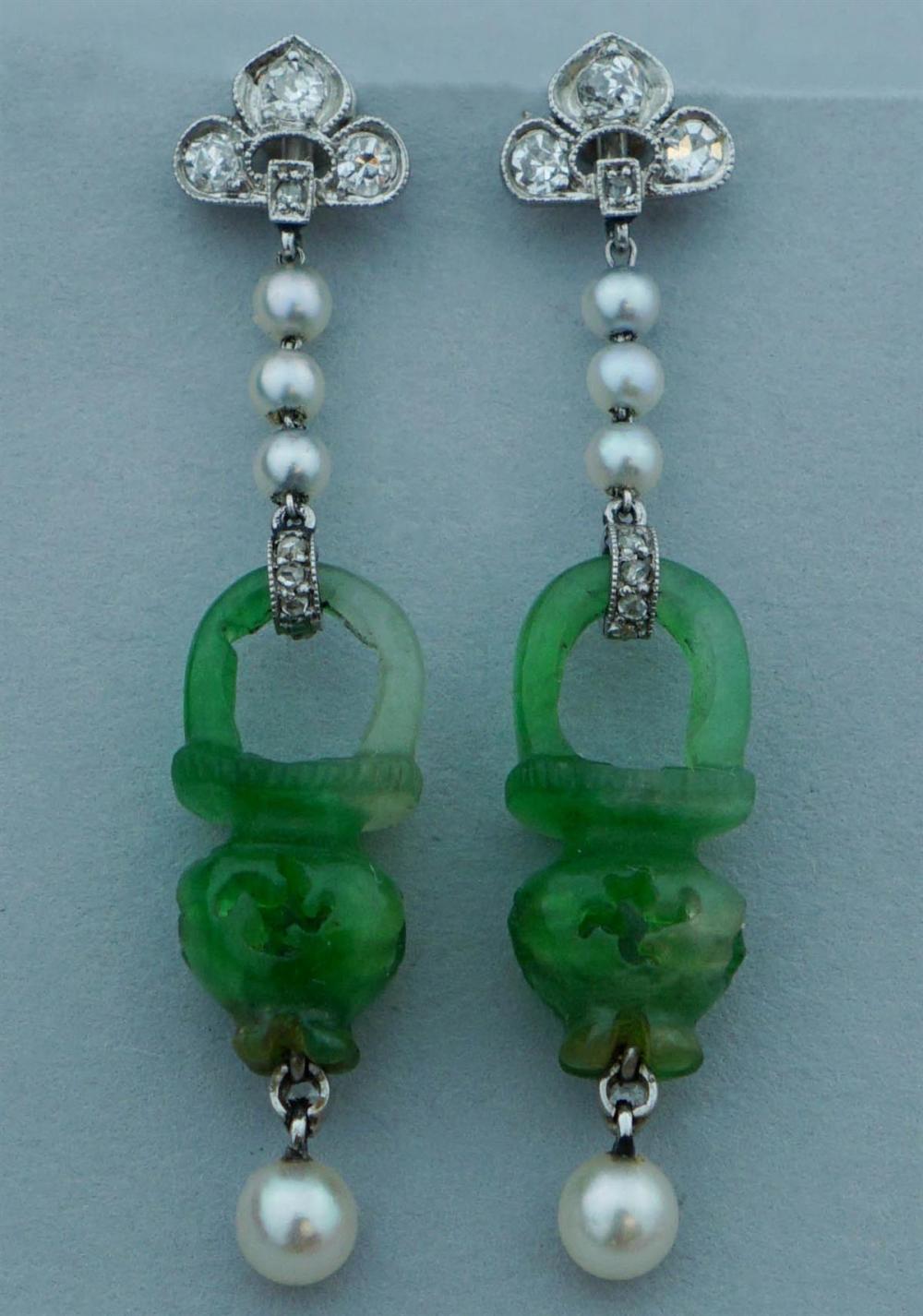 JADE, SEED PEARL AND DIAMOND DROP