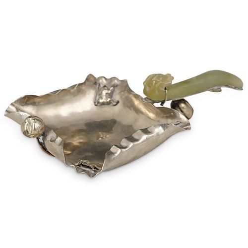 JADEITE & SILVER LOTUS LEAF HANDLED