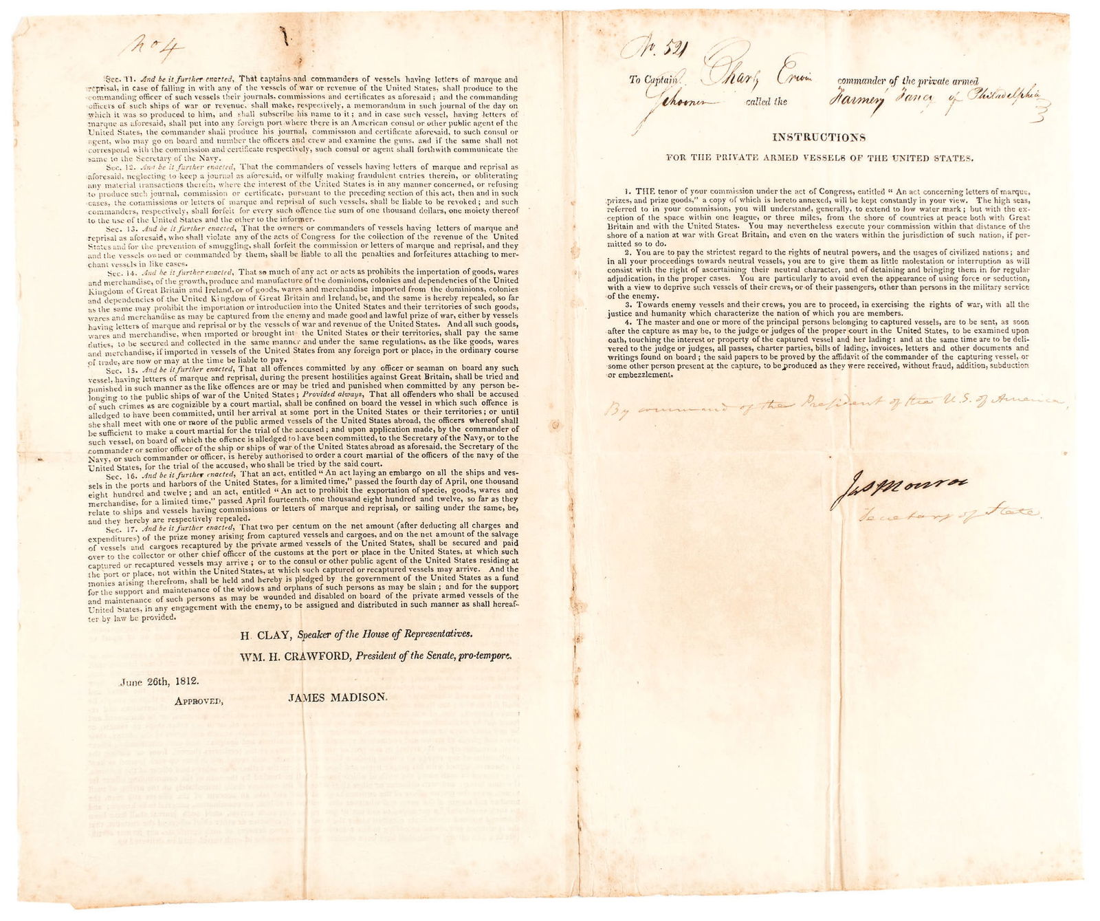 JAMES MONROE SIGNED JUNE 26TH, 1812