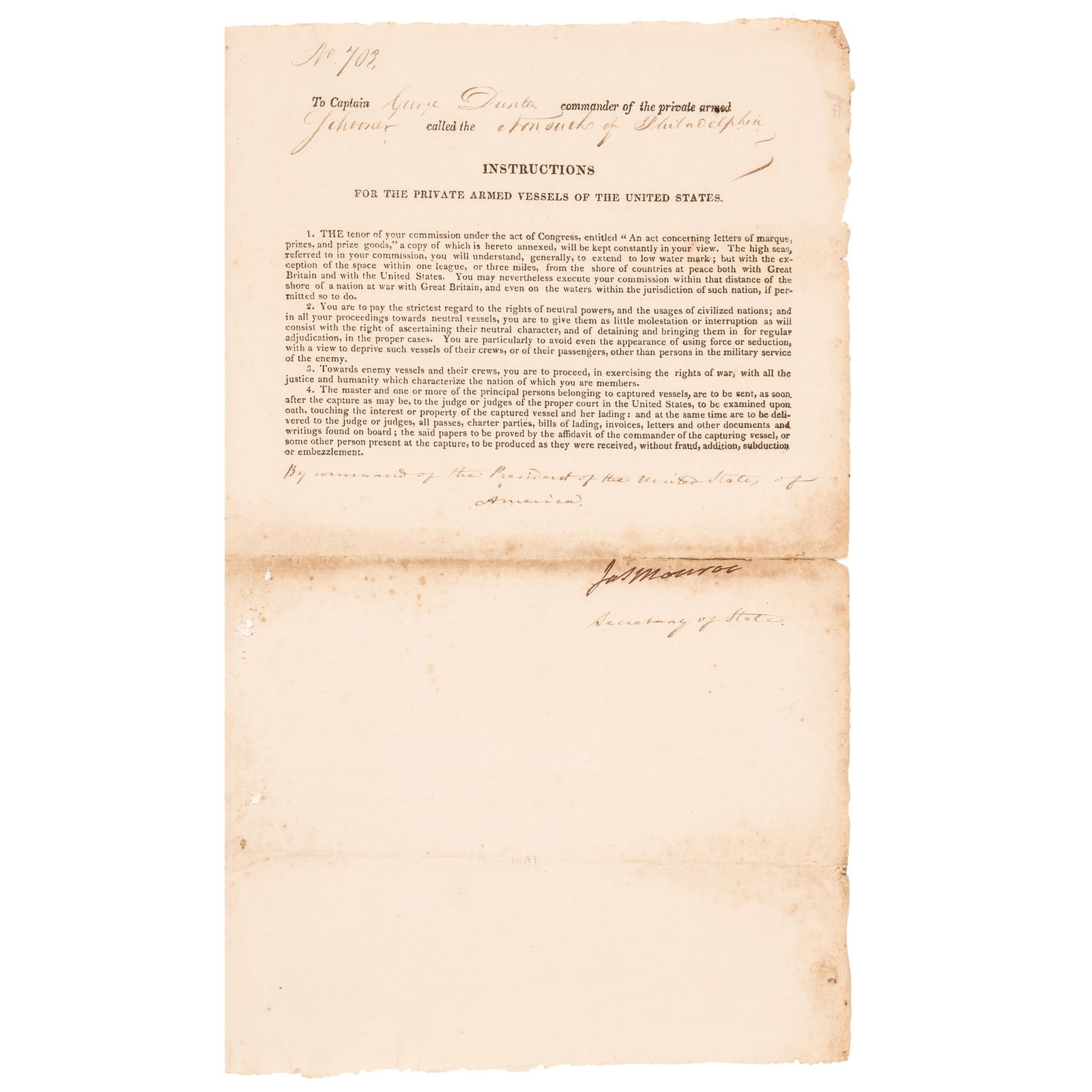 JAMES MONROE SIGNED JUNE 26TH, 1812