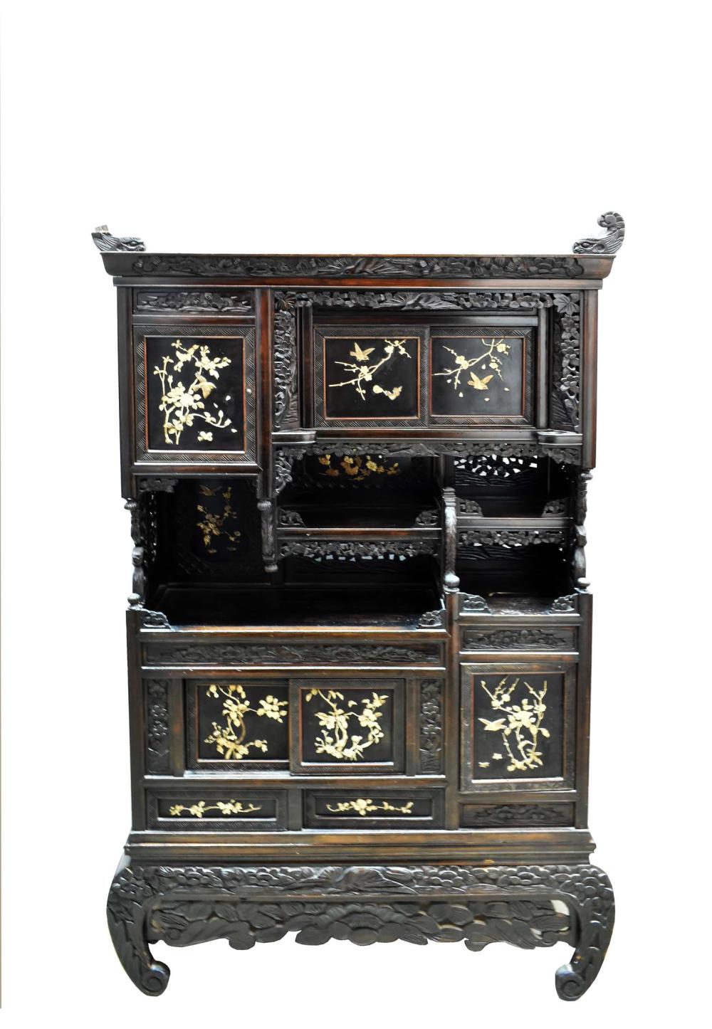 JAPANESE BONE MOUNTED EBONIZED WOOD