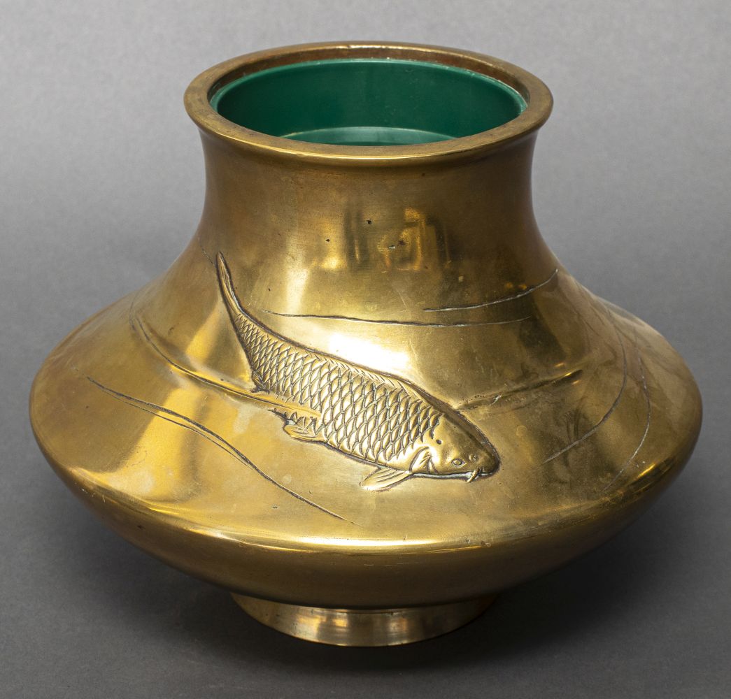 JAPANESE BRASS RELIEF KOI FISH VASE