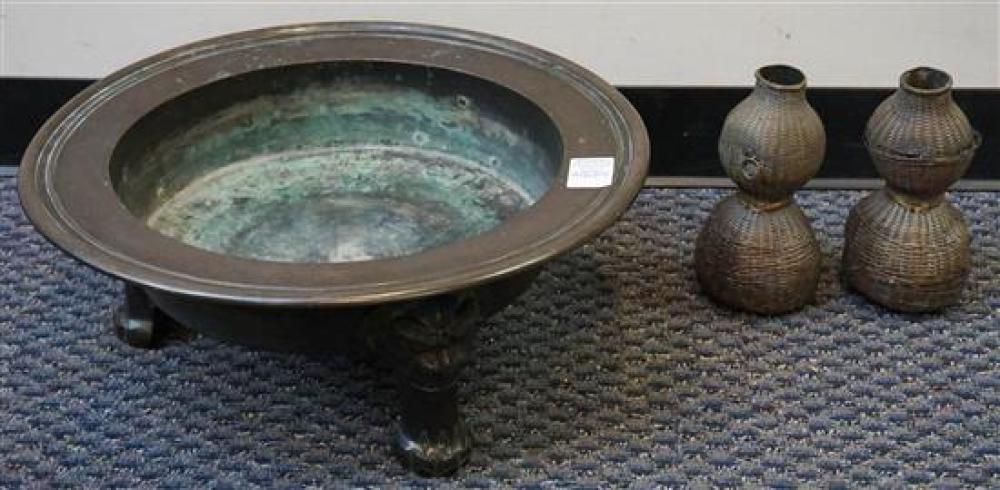 JAPANESE BRONZE BASIN AND PAIR