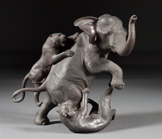 Japanese bronze group of two tigers