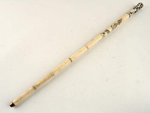 JAPANESE CARVED BONE CANE SAMURAI