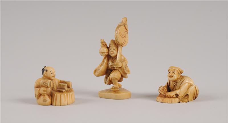 JAPANESE CARVED BONE FIGURE AND TWO