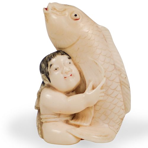 JAPANESE CARVED KOI & MAN