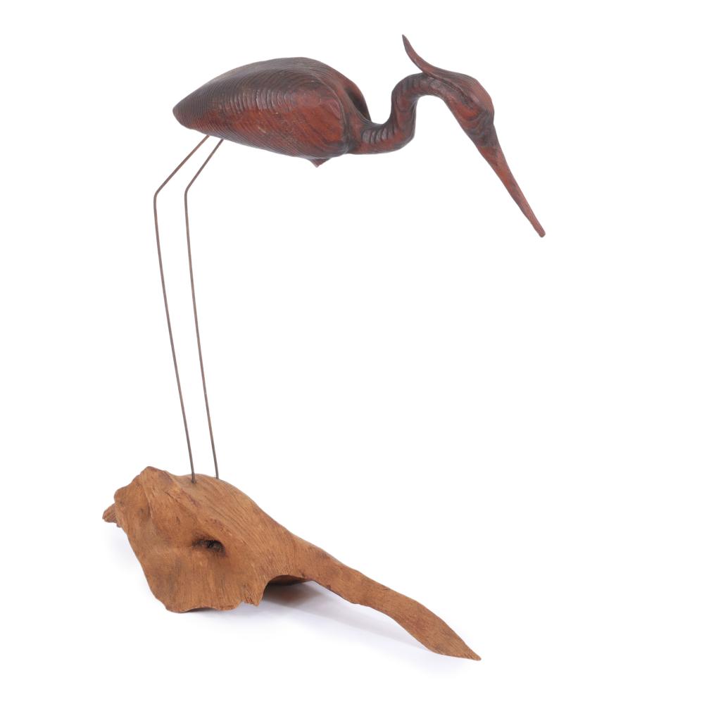 JAPANESE CARVED WOOD CRANE BIRD