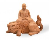 JAPANESE CARVED WOOD LUOHAN ON