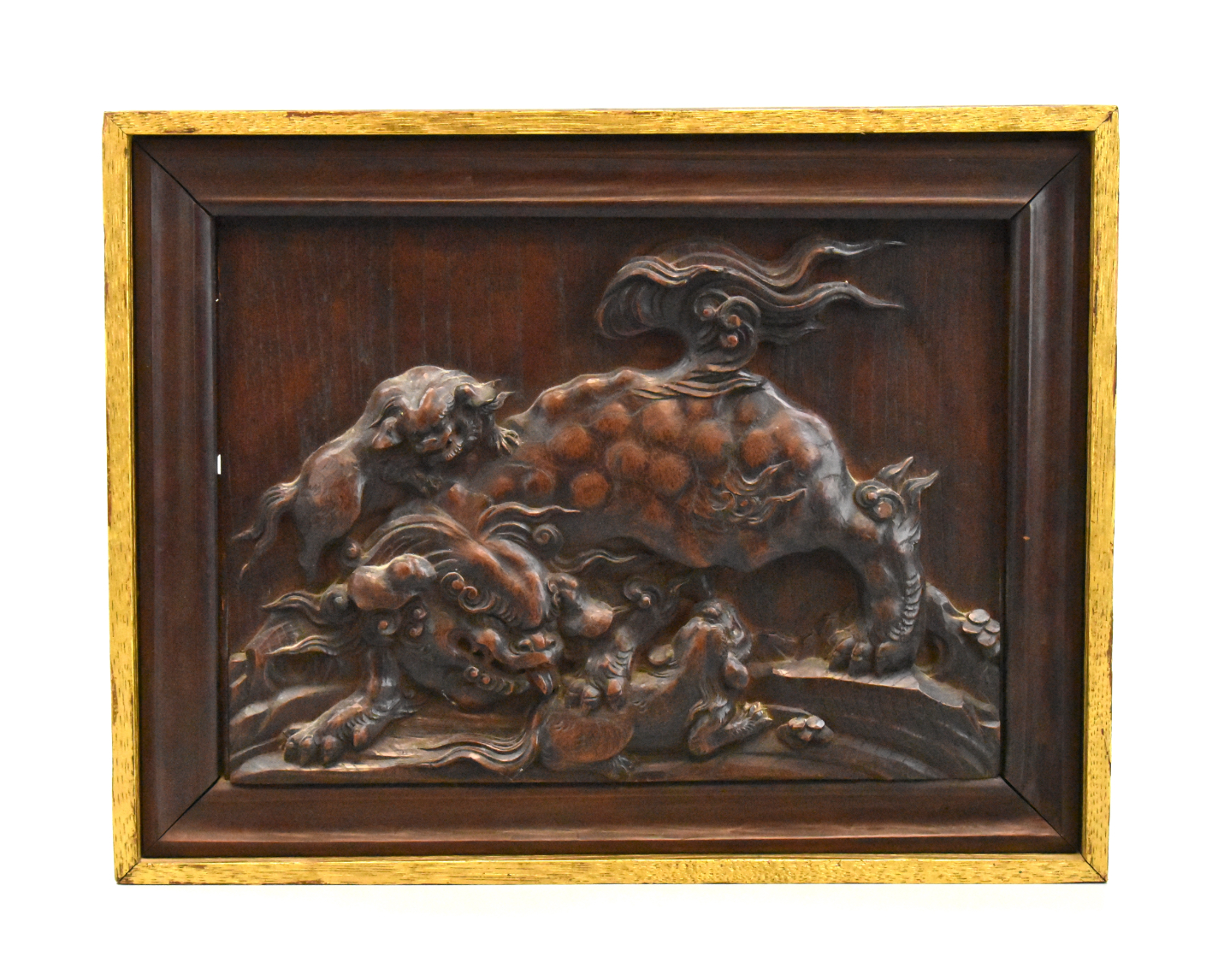 JAPANESE CARVED WOOD PANEL W/FOO