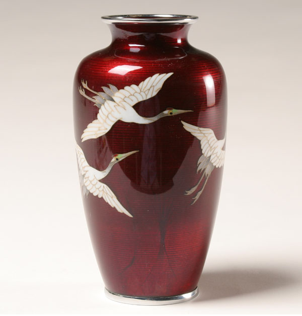 Japanese cloisonne cranes on red