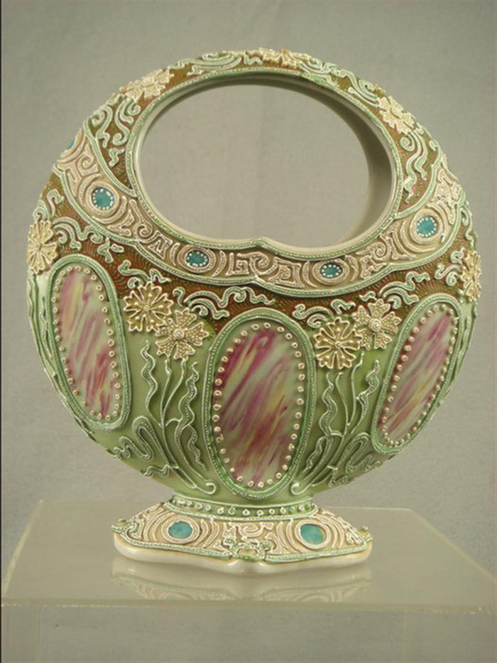 Japanese coralene basket vase, 9" h