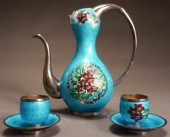 JAPANESE ENAMEL SAKE POT AND T
