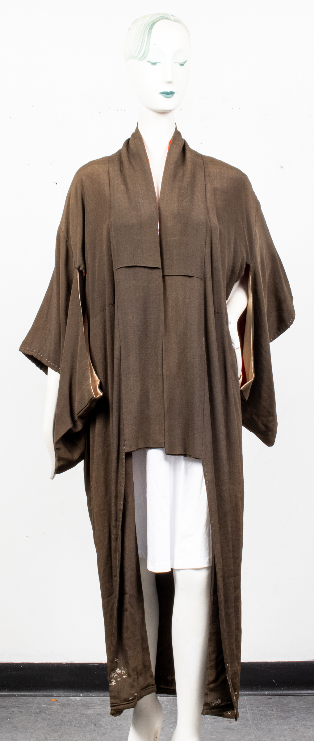 JAPANESE GREEN SILK AWASE KIMONO