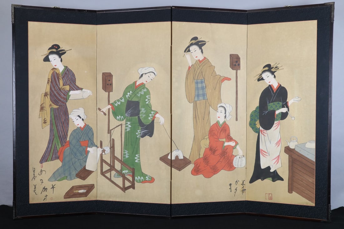 JAPANESE HAND PAINTED FOUR PANEL