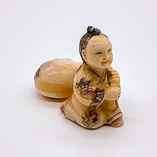 JAPANESE INKED CARVED BONE NETSUKEA