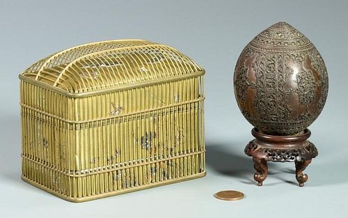 JAPANESE INLAID BRONZE BOX & CARVED