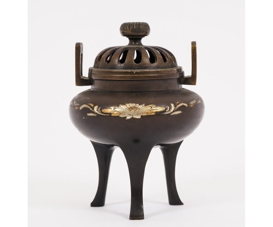 Japanese inlaid bronze censer, late